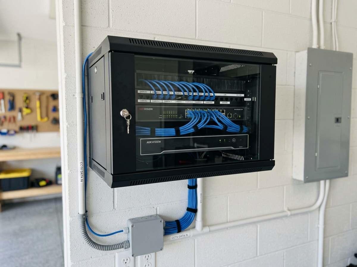 Professional wall-mounted network server rack with immaculate blue Cat6 Ethernet cabling and NVR hookup